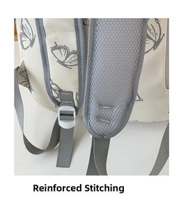 Detail of reinforced bartack stitching on padded mesh shoulder straps for durability