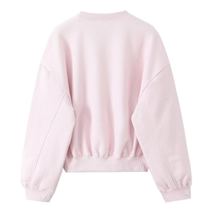 Vista posteriore piatta di una felpa minimalista rosa a maniche lunghe in velluto