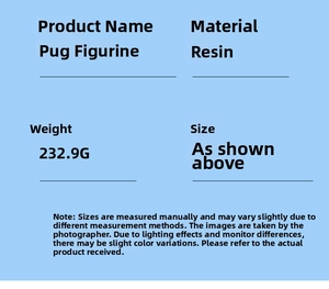 Detail card of pug resin ornament showing technical weight of 232.9g and material specs