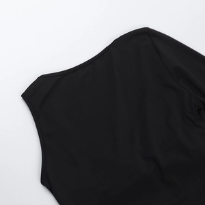Detail of black one-shoulder neckline and elastic fabric texture of this sexy dress