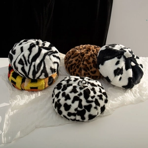 Plush Beret Hat Faux Fur Warm Winter Fashion Animal Print Cow Leopard For Women Girls