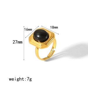 Detailed dimensions of 18K gold plated ring with black oval gemstone and hex base