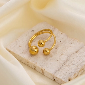 Detailed macro view of 18K gold plated double-band ring with polished spherical accents