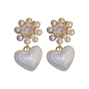 Elegant white enamel heart and pearl flower earrings with gold finish and zircon stones