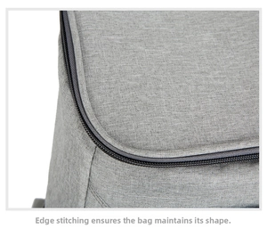 Détail du sac à dos de pique-nique gris avec bordure renforcée et fermeture éclair