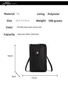Detailed size and material diagram for women's crossbody phone bag in black lychee leather