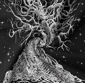 Detailed macro view of bohemian black tree of life tapestry with gothic skull patterns