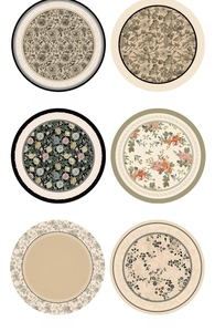Collage of six round vintage rugs featuring floral patterns and minimalist borders