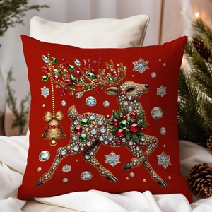 Detail of red Christmas pillowcase with sparkling reindeer and bell gem patterns