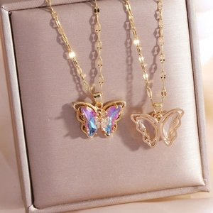 Exquisite gold butterfly necklace with colorful crystal inlay and fine chain for women