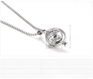 Detailed view of stainless steel spinning globe pendant necklace showing dimensions and weight