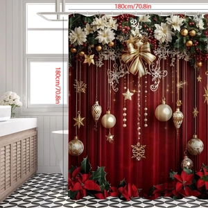 Detail view of a red Christmas shower curtain with poinsettias and golden ornaments