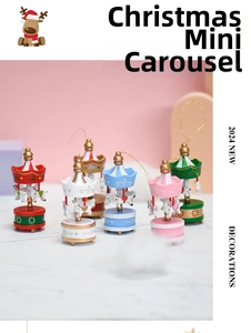 Detailed view of colorful wooden mini carousel ornaments with gold hanging strings