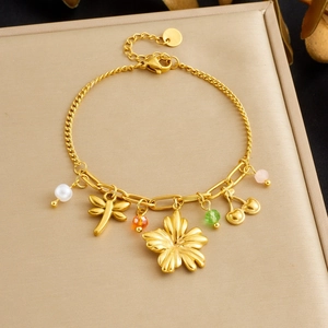 Gold Plated Stainless Steel Charm Bracelet For Women Flower Dragonfly Cherry Artificial Pearl Colorful Beads Pastoral Style