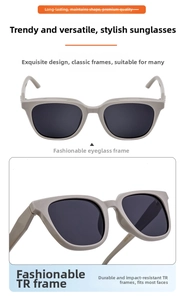 Detail view of TR material frame and dark polarized lenses on cat-eye sunglasses