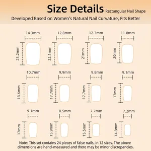 Size chart for nude cat-eye press-on nails featuring 24 pieces in 12 varied dimensions