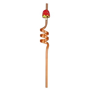 Detail of orange spiral plastic straw with cute red mushroom decor for party