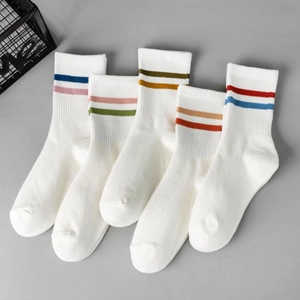Striped Crew Socks Cotton Blend Breathable Sweat Absorbent Double Stripe Athletic Retro Casual Mid Tube Hosiery