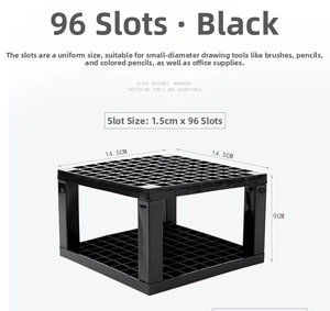 Detail view of 96-grid black plastic brush holder with 14.5x14.5x9cm dimensions