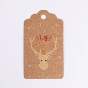 Brown kraft paper Christmas gift tags with reindeer head and Happy Holidays gold foil print