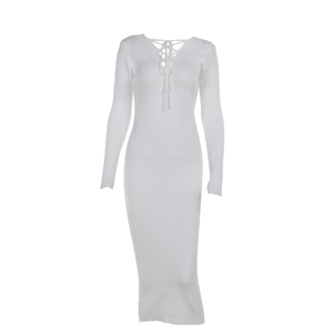 Slim fit white knitted dress with long sleeves and deep V-neck lace-up detailing