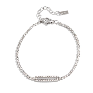 Detail of silver stainless steel tennis bracelet with zircon stones and hollow pendant
