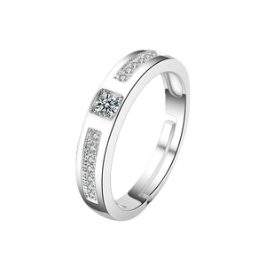 Princess cut cubic zirconia couple ring with adjustable silver band and side stones