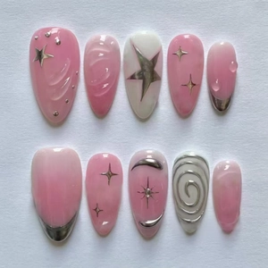 Press On Nails Pink Gradient Star Moon 3D Design Silver French Tip Almond Shape ABS Y2K Style Women