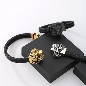 Men's braided leather bracelet with lion head square buckle in gold, silver, and black