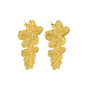 Detail view of gold-plated titanium steel floral drop earrings with textured petals