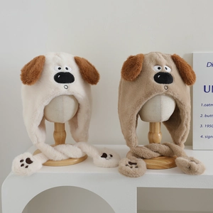 Kids Earflap Hat Plush Cartoon Dog Winter Warm Windproof Soft Outdoor Beanie For Toddlers Boys Girls
