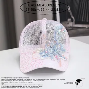 Casquette de baseball en mesh rose pour femme avec fleurs à paillettes et perles
