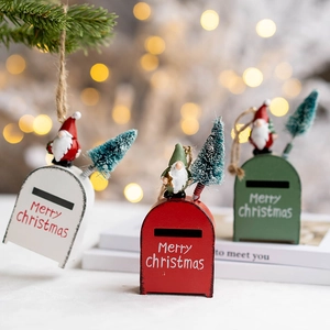 Nordic iron Christmas mailbox ornaments in red, white and green with elf and tree details