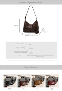 Detailed spec sheet showing PU leather tote dimensions and four available color options