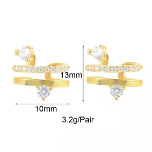 Detail view of gold layered C-shape ear cuffs with cubic zirconia and size dimensions