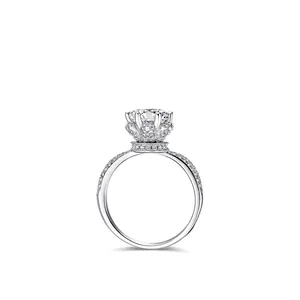 Luxury S925 sterling silver crown ring with large round solitaire diamond and side stones