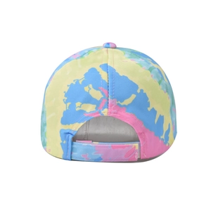 Colorful tie-dye baseball cap featuring vibrant gradient patterns and adjustable strap back