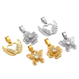 Gold-plated stainless steel butterfly and clover pendants with sparkling white zircons