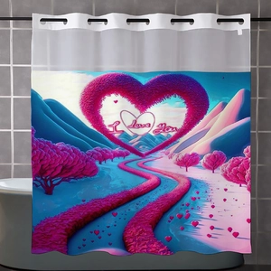 Detail of waffle weave shower curtain with silver eyelets and romantic heart landscape
