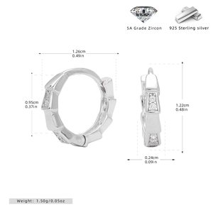 Detailed size specifications for S925 sterling silver bamboo zircon hoop earrings