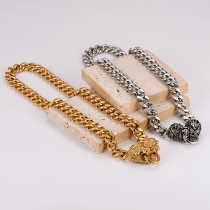 Collier Maille Gourmette Tête De Lion Style Punk Hip Hop Vintage Acier Inoxydable 304 Homme