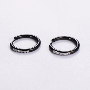 Black stainless steel hoop earrings with sparkling white crystals for women
