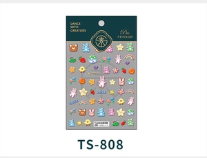 Detail of 5D embossed nail art stickers with colorful cartoon bears and rainbow designs