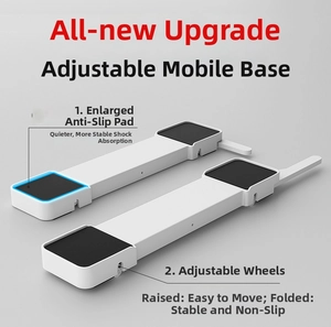Detail of appliance base with thick black anti-slip pads and adjustable lifting wheels