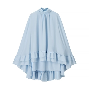 Light blue high neck chiffon top with layered ruffles and elegant flare sleeves