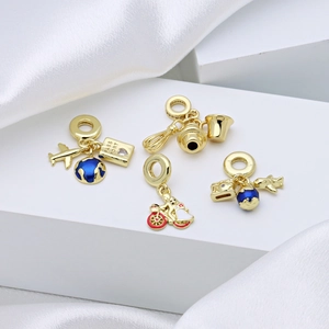 Gold-plated enamel charms featuring airplane, globe, and passport on white silk