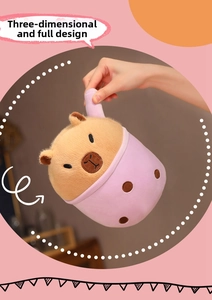 Detailed close-up of a stuffed capybara plush toy inside a purple bubble tea cup design