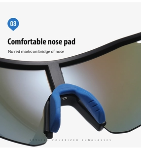 Detail of soft blue silicone nose pad and polarized lens for sports sunglasses