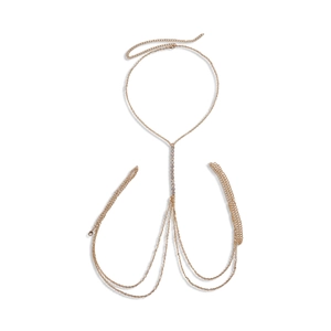 Golden multi-layer geometric body chain featuring sparkling white rhinestones on white background