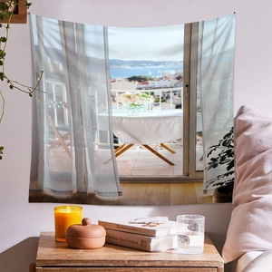Mediterranean balcony landscape wall tapestry hanging on a pink wall for home decor